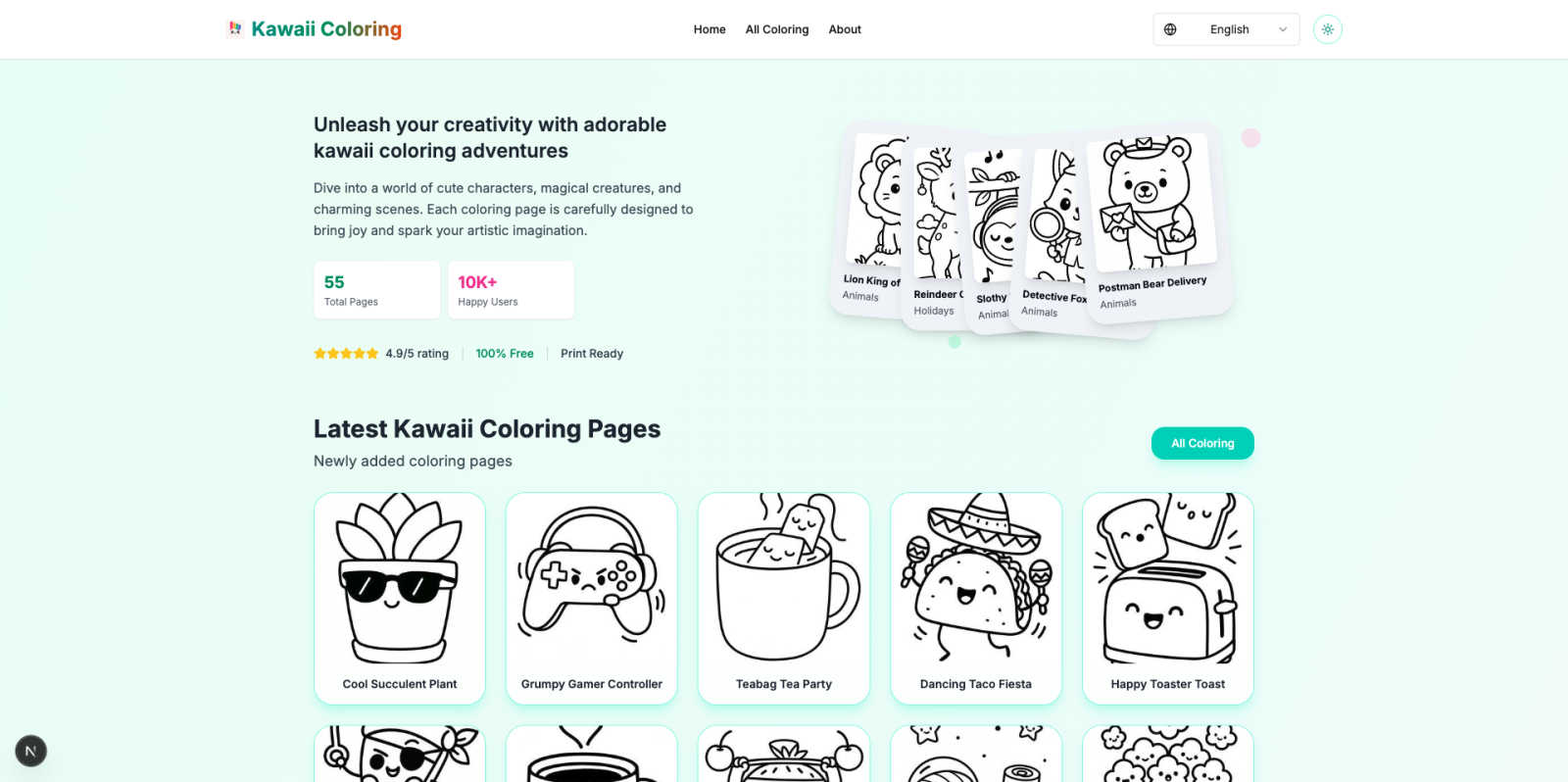 Kawaii Coloring application interface and features