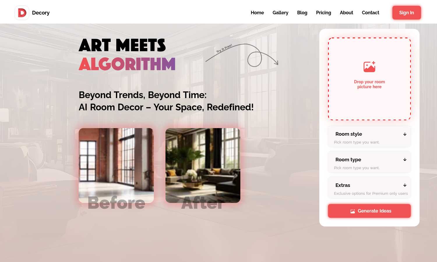 Decory application interface and features