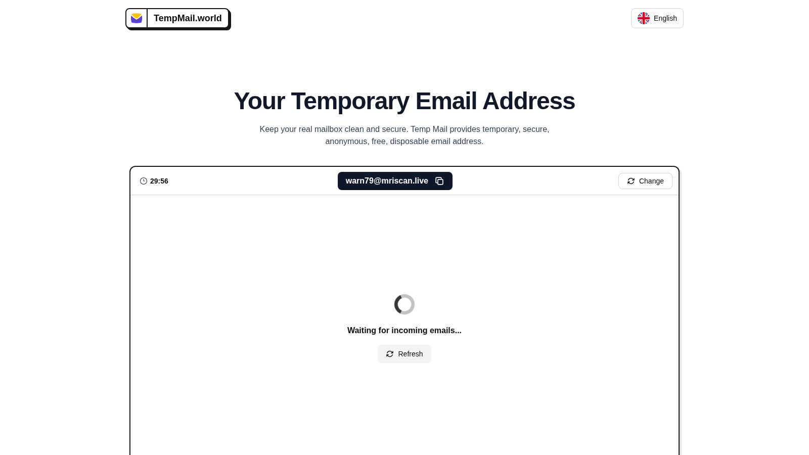Tempmail.world application interface and features