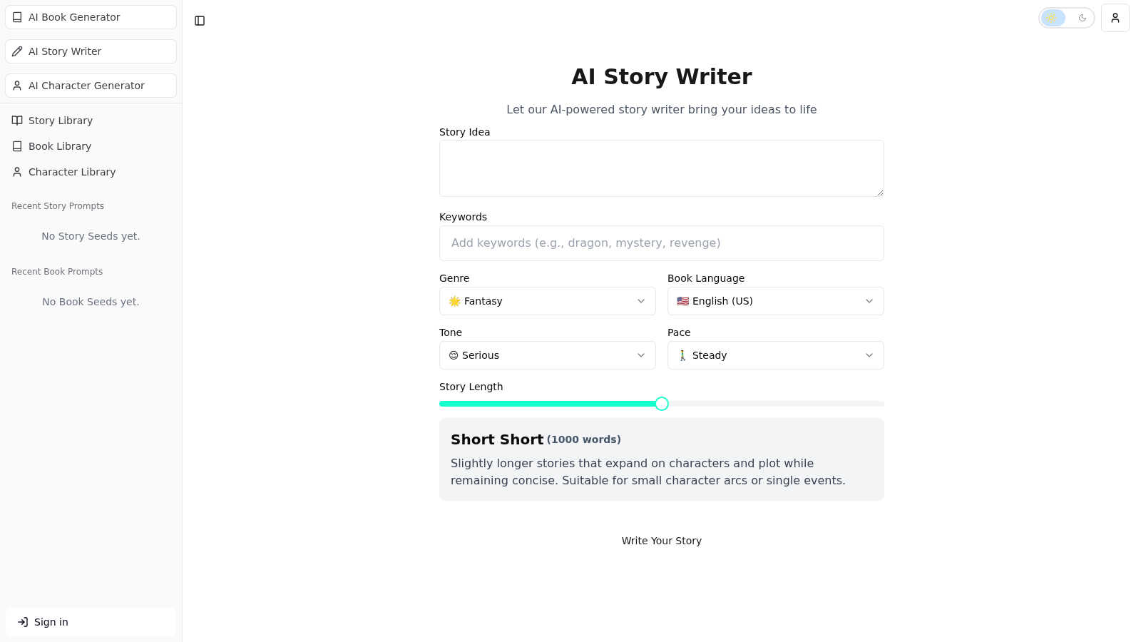 AI Story Writer application interface and features