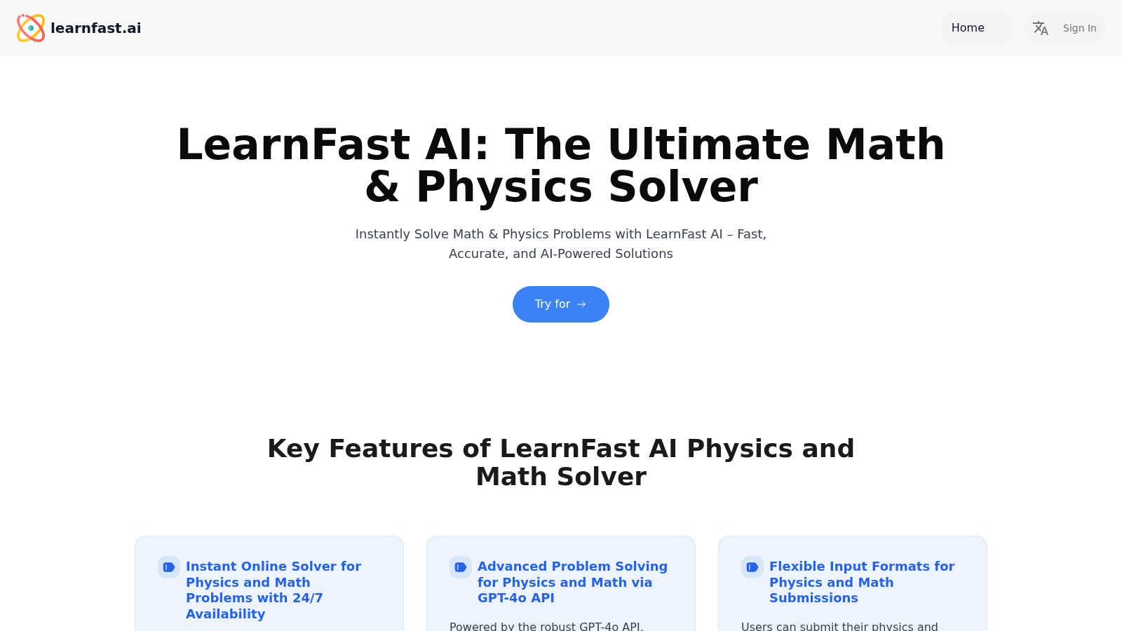 LearnFast AI: Free AI Physics Solver application interface and features