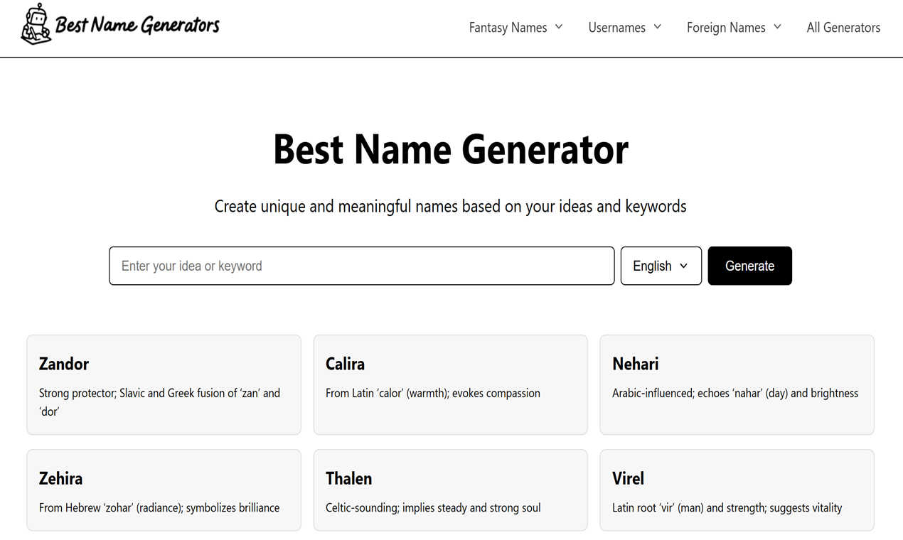 Best Name Generators application interface and features