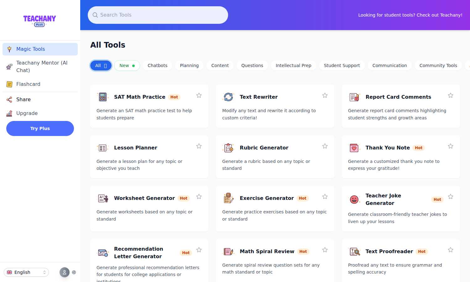 teachany application interface and features