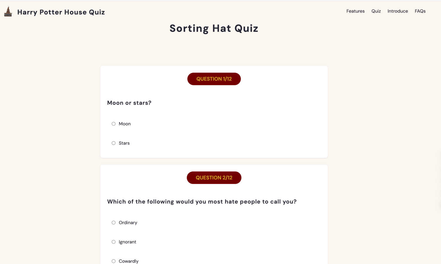 Harry Potter House Quiz application interface and features