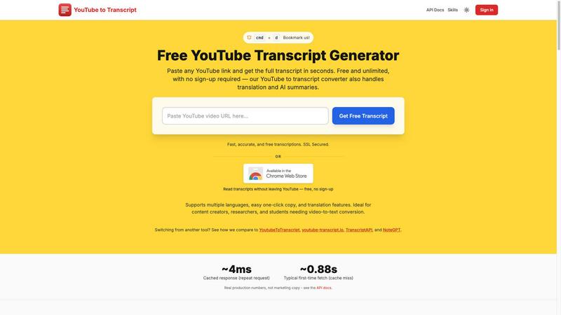 GetYouTubeTranscript application interface and features