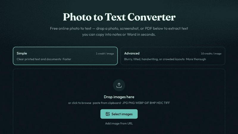 Photo to Text application interface and features