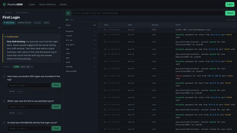PracticeSIEM application interface and features