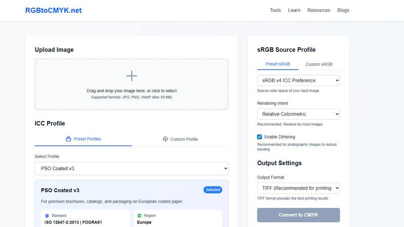 RGB to CMYK Converter application interface and features